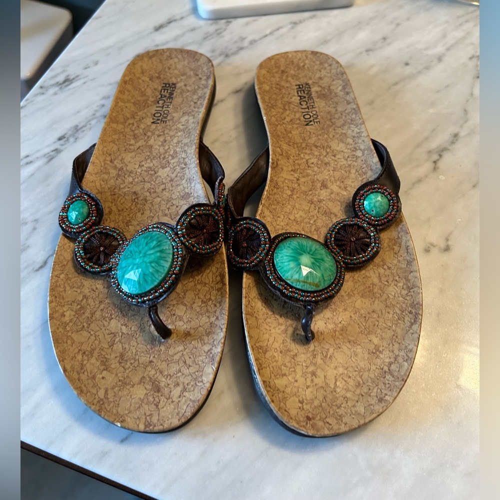 Kenneth Cole Reaction Brown and Blue Sandals with Turquoise Accents
